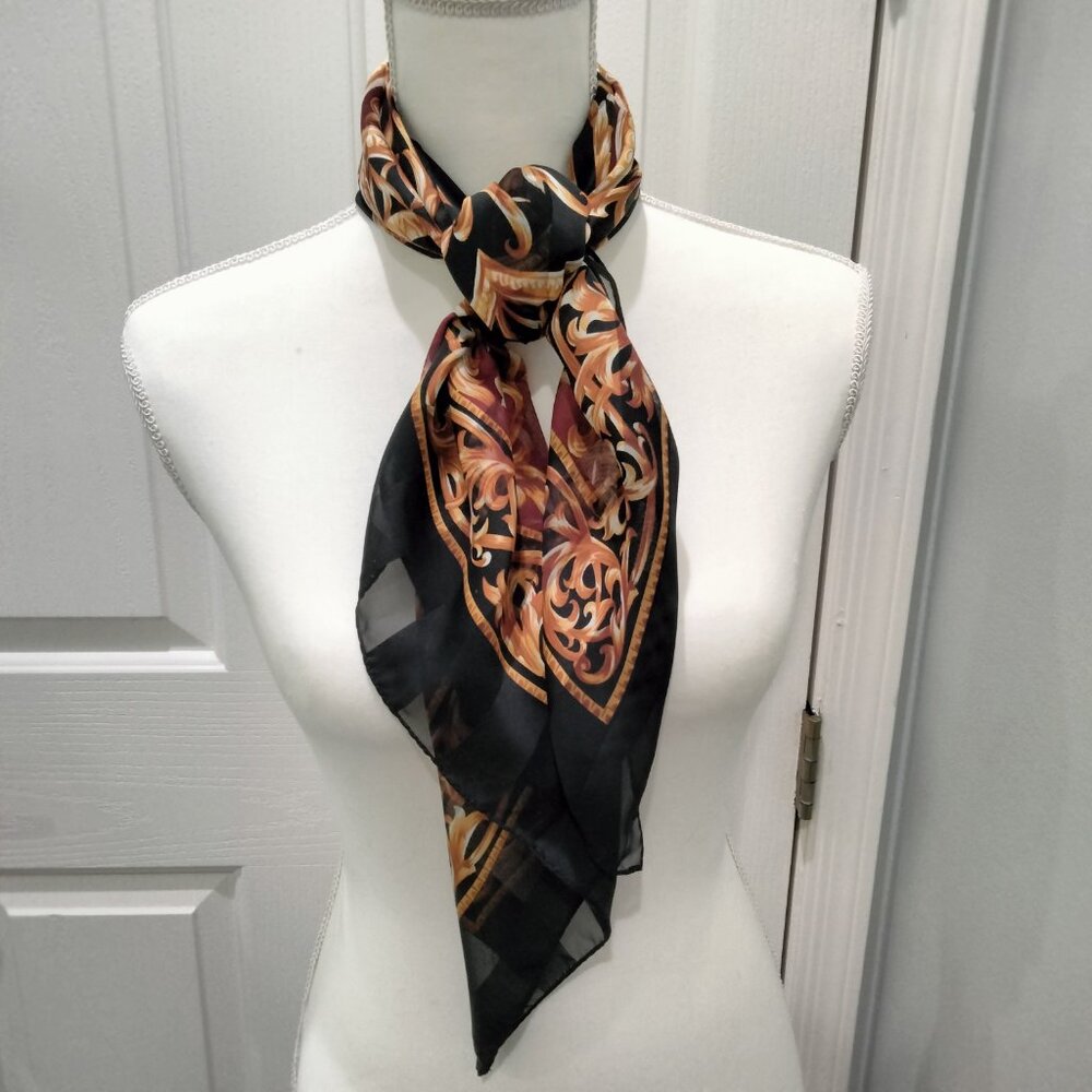 Sheer Scarf, Gold, Black, Burgundy Medallion Pattern, 34" Square, Polyester, New - Picture 6 of 10